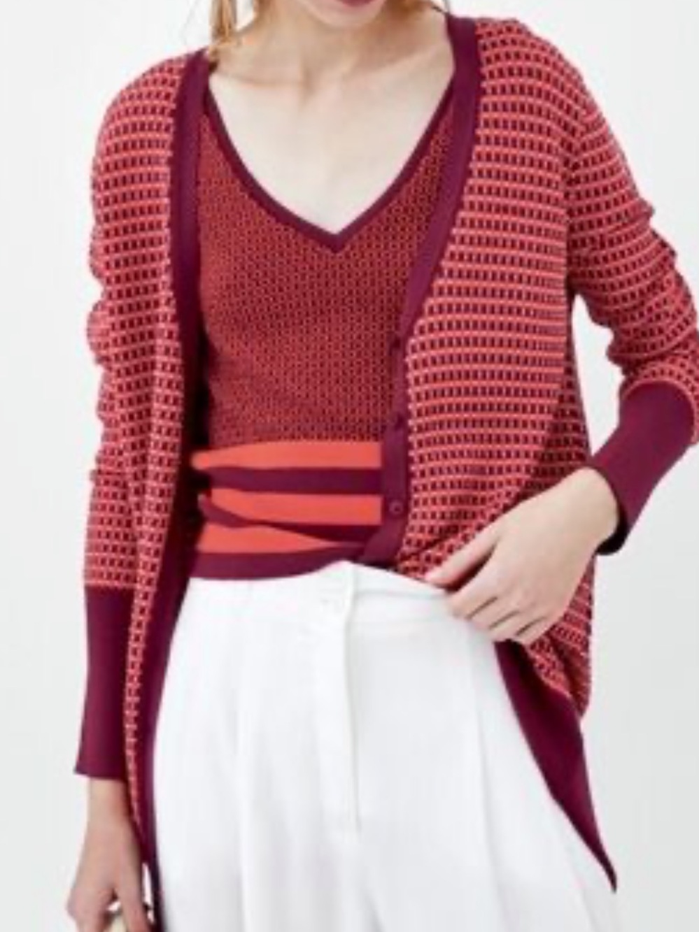 Zara Knit Geometric Long Button Cardigan Red/ Purple